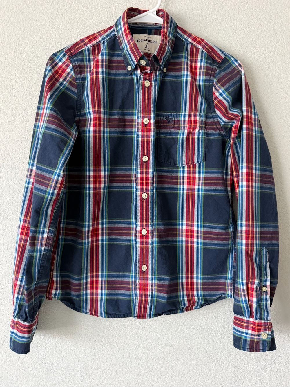 Abercrombie Kids XL Navy Plaid Cotton Button-Down Shirt Moose Logo Preppy Fall